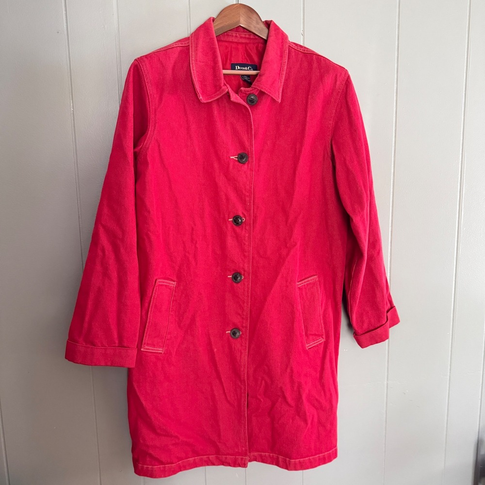 Denim & Co Womens L Tomato Red Barn Coat Chore Jacket Denim Duster Lined  Chic